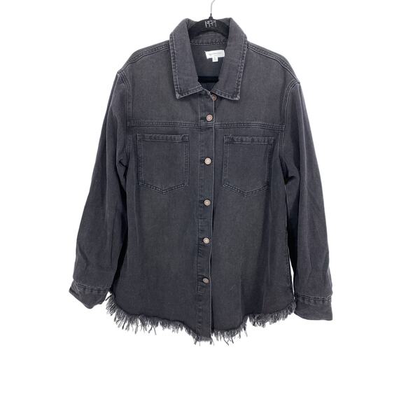 Westbound Petites Denim Jacket Womens PL Raw Hem Washed Black Oversized NEW - Picture 1 of 7